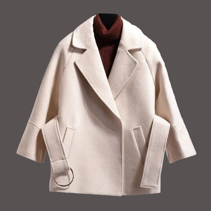 Women’s Wool Coat – Loose Fit – Notched Lapel – Open Front – Strap Sleeve – Pockets