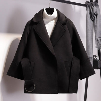 Women’s Wool Coat – Loose Fit – Notched Lapel – Open Front – Strap Sleeve – Pockets