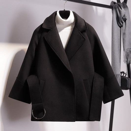 Women’s Wool Coat – Loose Fit – Notched Lapel – Open Front – Strap Sleeve – Pockets