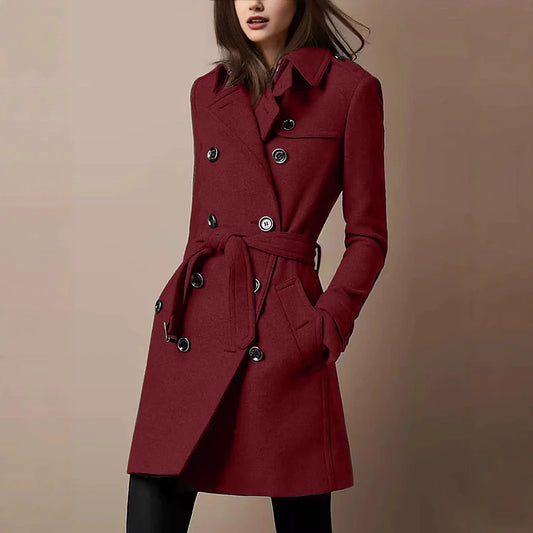 Women’s Wool Coat – Slim Fit – Double-Breasted – Belted Waist – Mid-Thigh Length