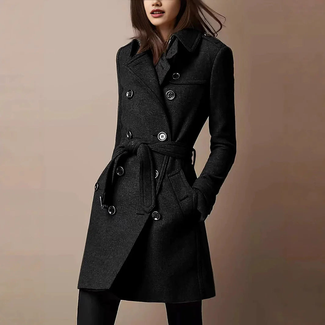 Women’s Wool Coat – Slim Fit – Double-Breasted – Belted Waist – Mid-Thigh Length