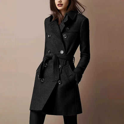 Women’s Wool Coat – Slim Fit – Double-Breasted – Belted Waist – Mid-Thigh Length
