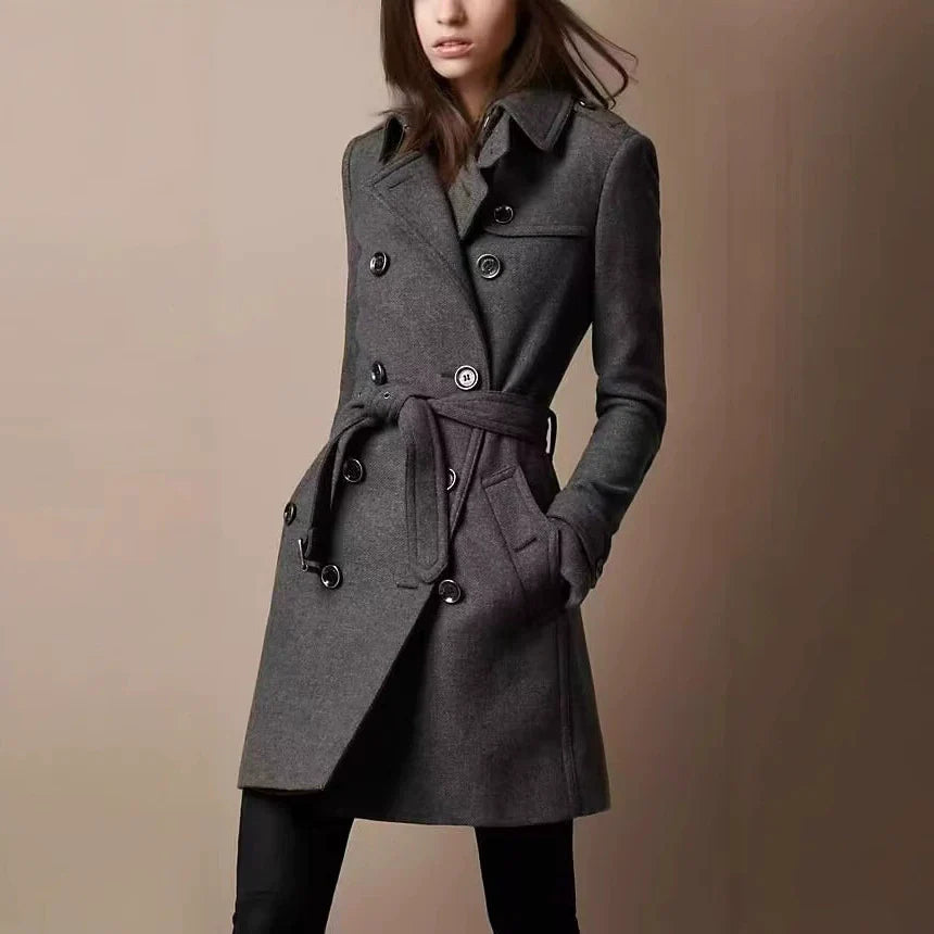 Women’s Wool Coat – Slim Fit – Double-Breasted – Belted Waist – Mid-Thigh Length