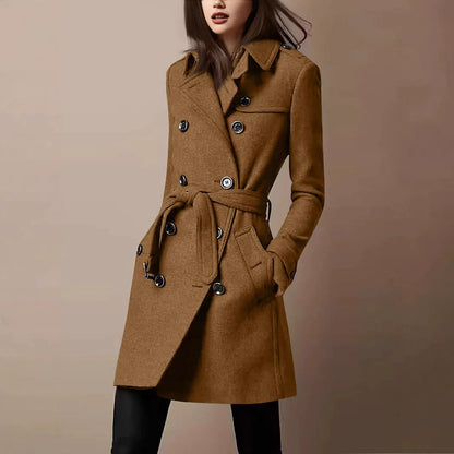 Women’s Wool Coat – Slim Fit – Double-Breasted – Belted Waist – Mid-Thigh Length