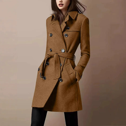 Women’s Wool Coat – Slim Fit – Double-Breasted – Belted Waist – Mid-Thigh Length