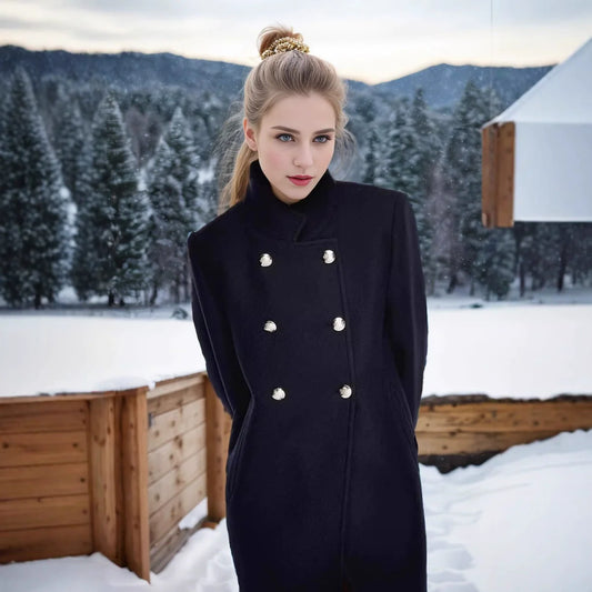 Women’s Wool Coat – Structured Fit – Double-Breasted – Stand Collar – Mid-Thigh Length
