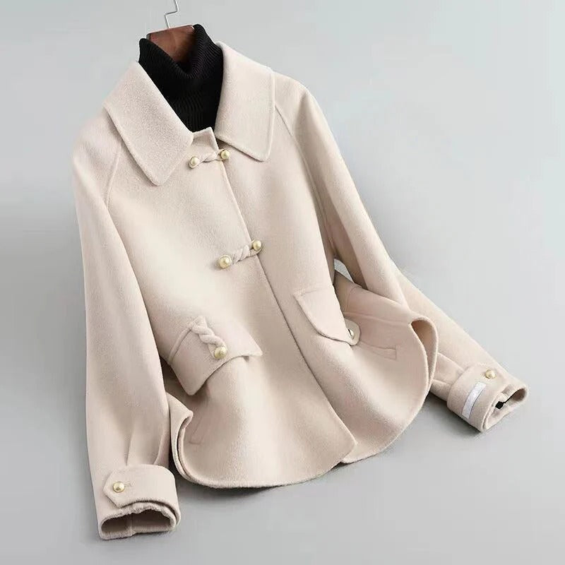 Women’s Wool Coat – Tailored Fit – Pearl Toggle Closure – Flared Hem – Mid Length