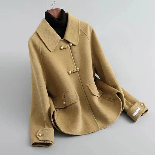 Women’s Wool Coat – Tailored Fit – Pearl Toggle Closure – Flared Hem – Mid Length