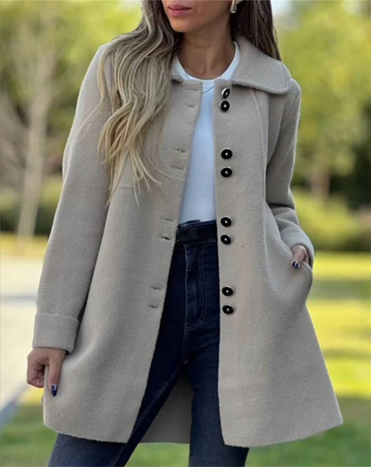 Women’s Wool Coat – Tailored Fit – Thigh Length – Single-Breasted – Classic Collar