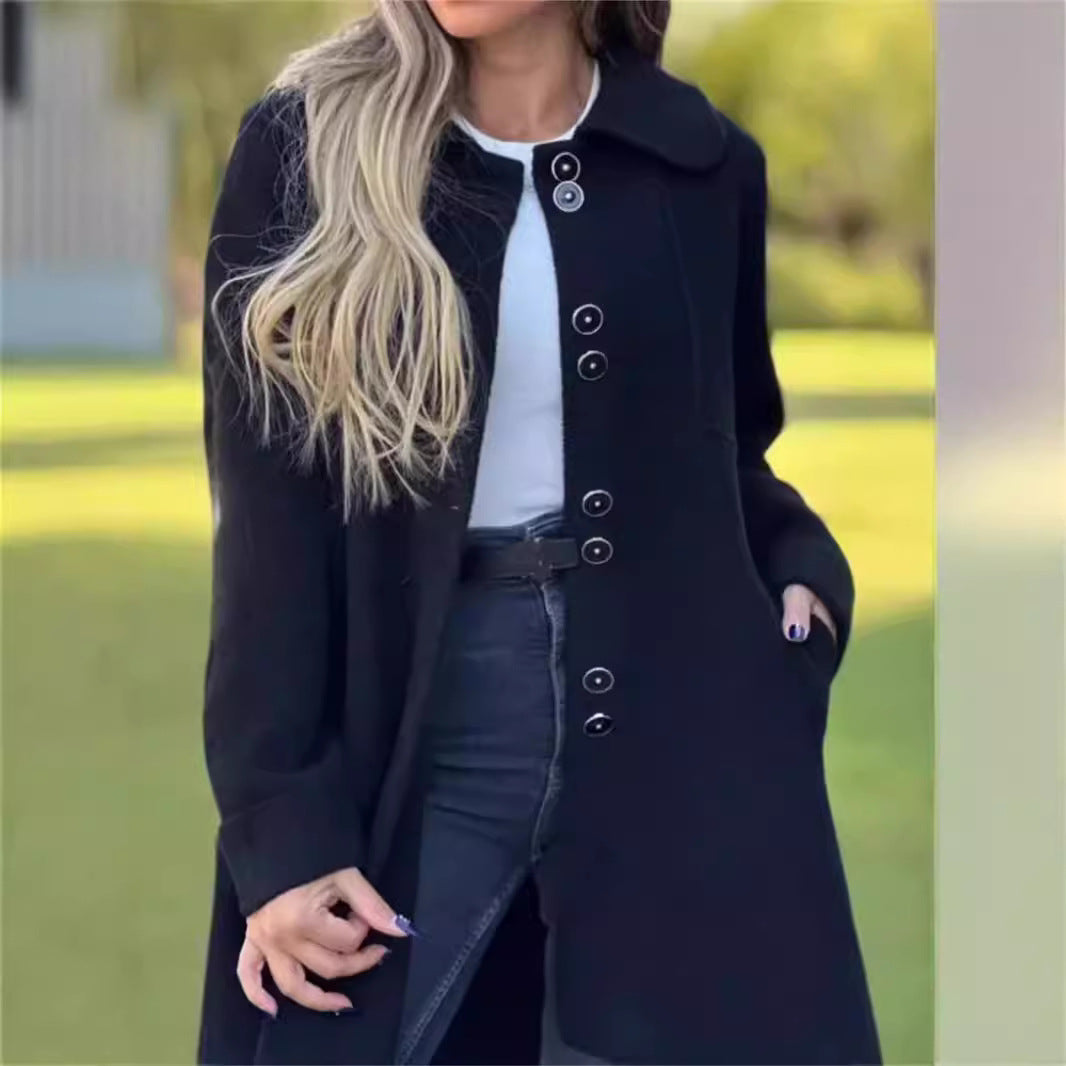 Women’s Wool Coat – Tailored Fit – Thigh Length – Single-Breasted – Classic Collar