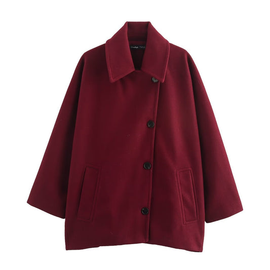 Women’s Wool Jacket – Oversized Fit – Wide Collar – Button Front – Mid Length