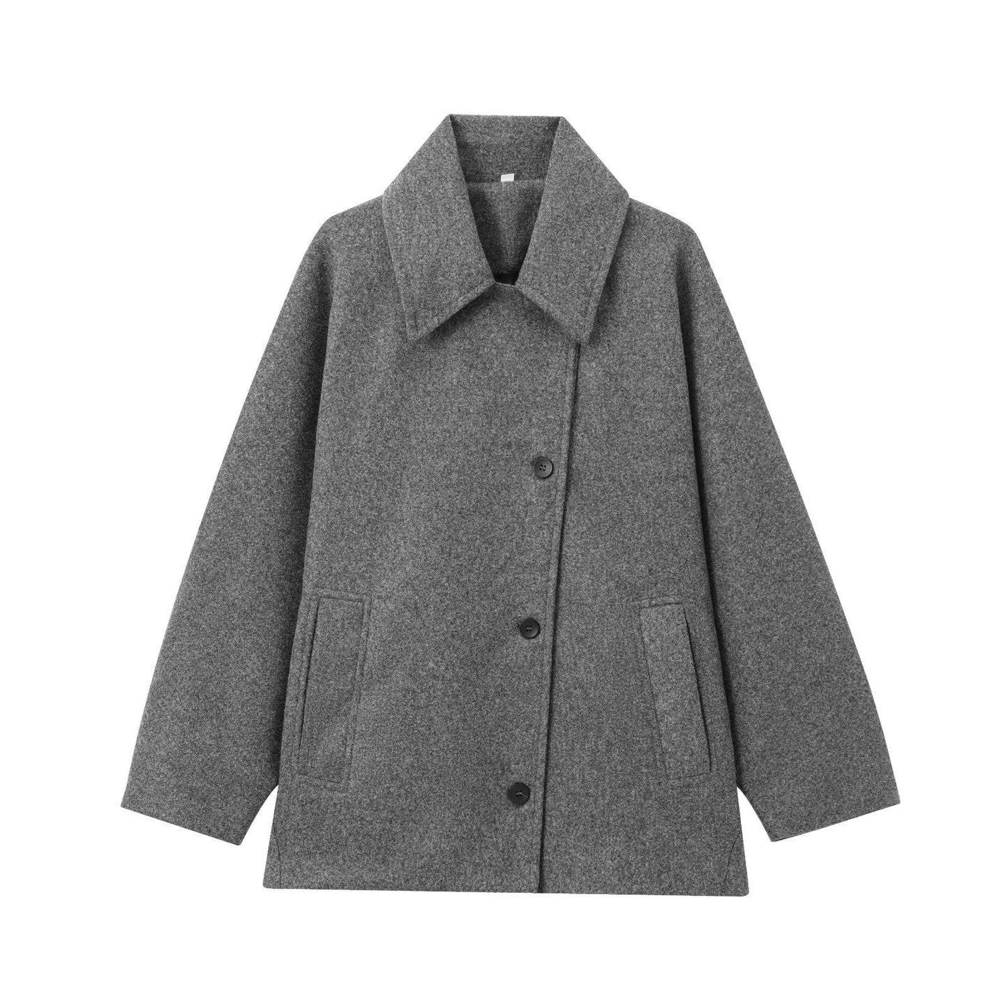 Women’s Wool Jacket – Oversized Fit – Wide Collar – Button Front – Mid Length