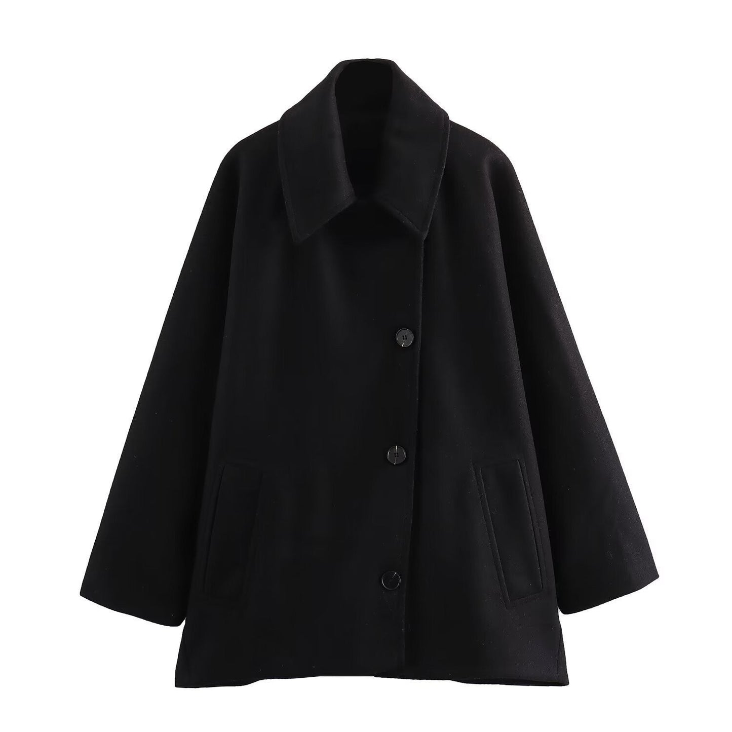 Women’s Wool Jacket – Oversized Fit – Wide Collar – Button Front – Mid Length
