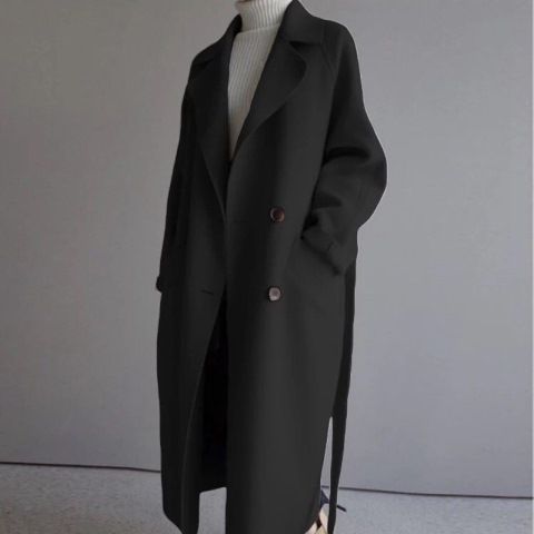 Women’s Wool Overcoat – Oversized Fit – Mid Length – Double Breasted with Belt