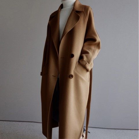 Women’s Wool Overcoat – Oversized Fit – Mid Length – Double Breasted with Belt