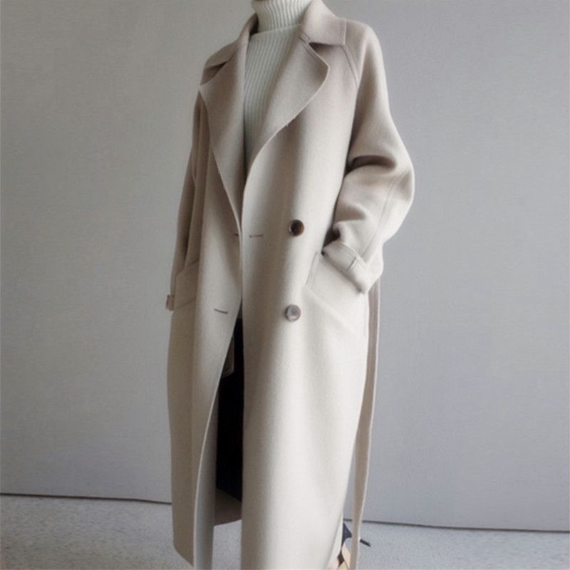 Women’s Wool Overcoat – Oversized Fit – Mid Length – Double Breasted with Belt