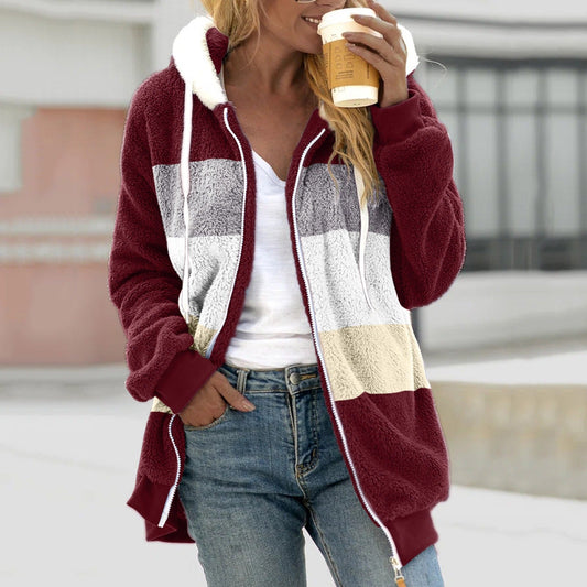 Women’s Zip-Up Hoodie Jacket – Sherpa Fleece – Relaxed Fit – Hooded with Drawstrings