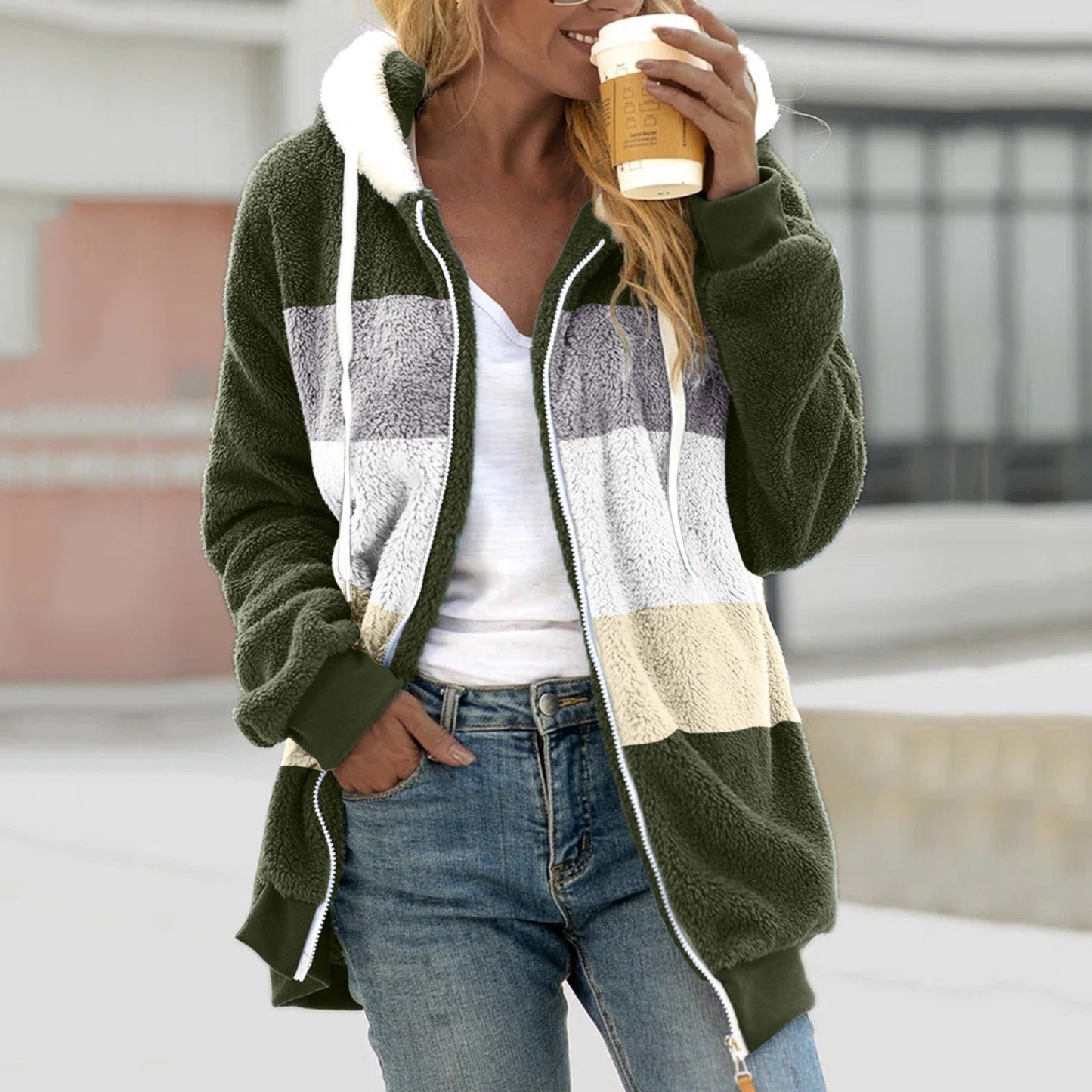 Women’s Zip-Up Hoodie Jacket – Sherpa Fleece – Relaxed Fit – Hooded with Drawstrings