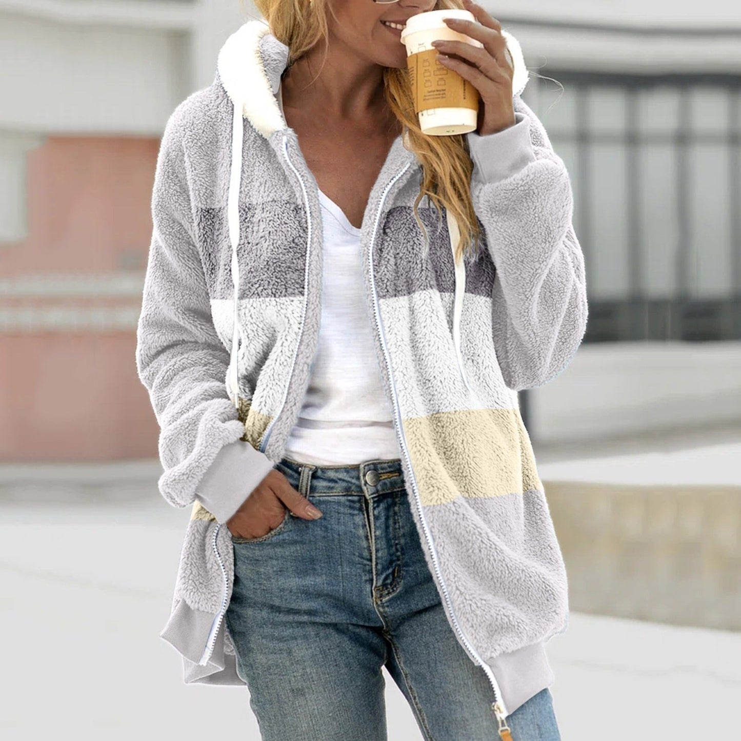 Women’s Zip-Up Hoodie Jacket – Sherpa Fleece – Relaxed Fit – Hooded with Drawstrings