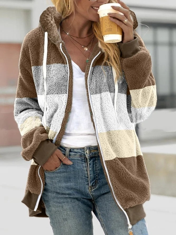 Women’s Zip-Up Hoodie Jacket – Sherpa Fleece – Relaxed Fit – Hooded with Drawstrings