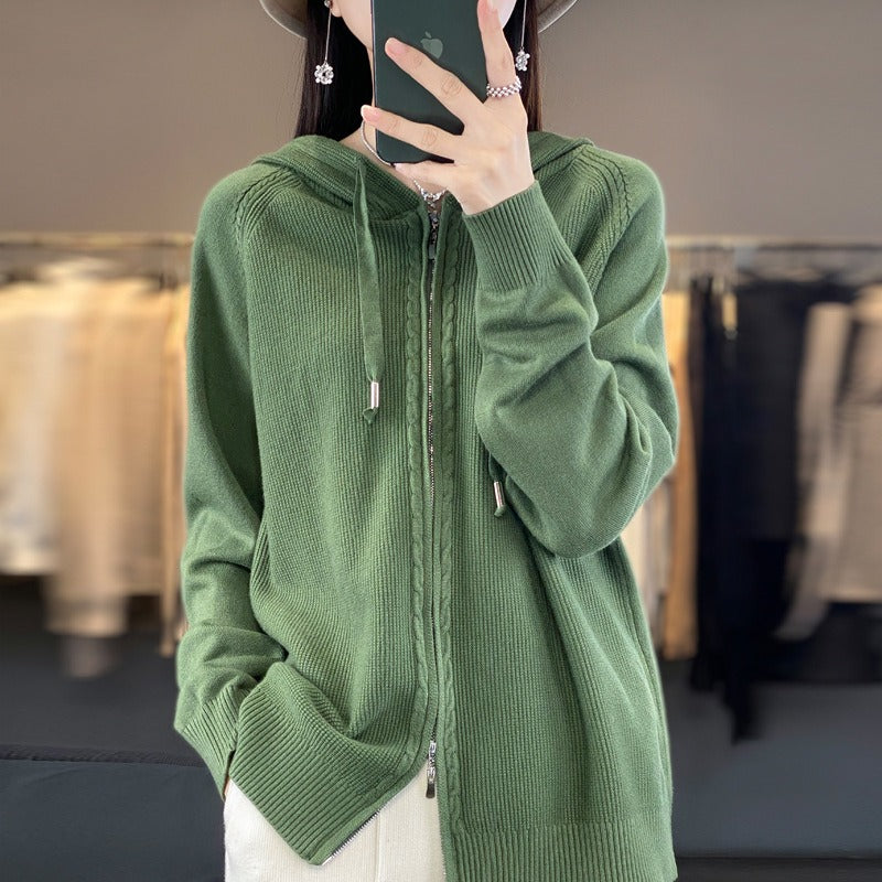 Women’s Zipper Hoodie – Relaxed Fit – Soft Knit – Cable Knit Detail – Drawstring Hood