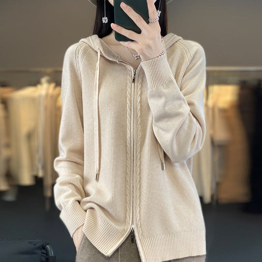 Women’s Zipper Hoodie – Relaxed Fit – Soft Knit – Cable Knit Detail – Drawstring Hood