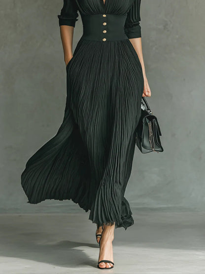 Iris Fitted Waist Maxi Dress | Collared V-Neck 3/4 Sleeve Dress