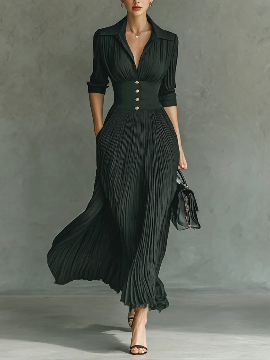 Iris Fitted Waist Maxi Dress | Collared V-Neck 3/4 Sleeve Dress