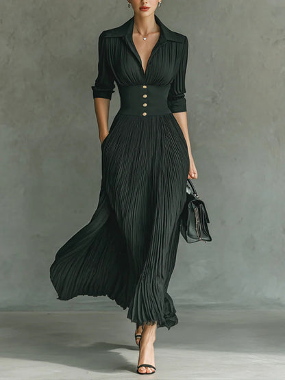 Iris Fitted Waist Maxi Dress | Collared V-Neck 3/4 Sleeve Dress