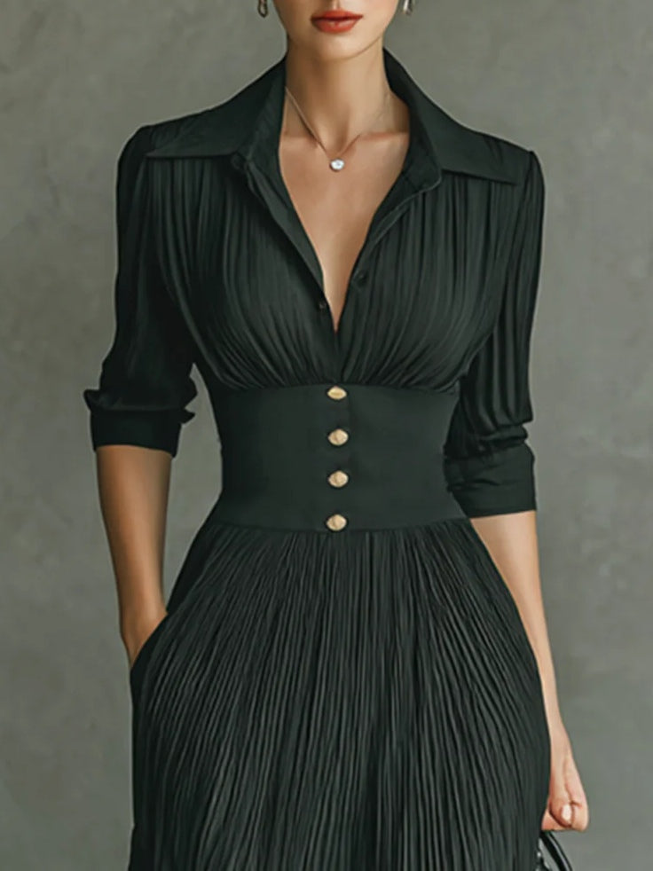 Iris Fitted Waist Maxi Dress | Collared V-Neck 3/4 Sleeve Dress