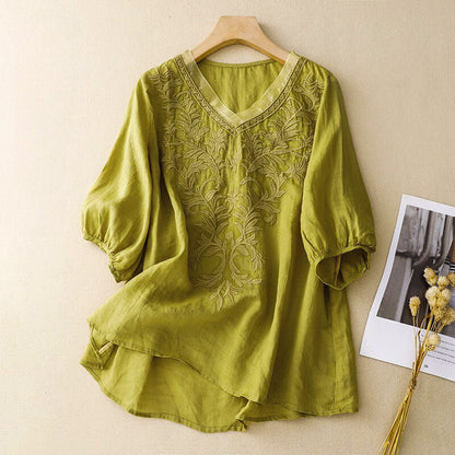 Isla Relaxed Fit Blouse | Embroidered V-Neck Three-Quarter Sleeve Blouse