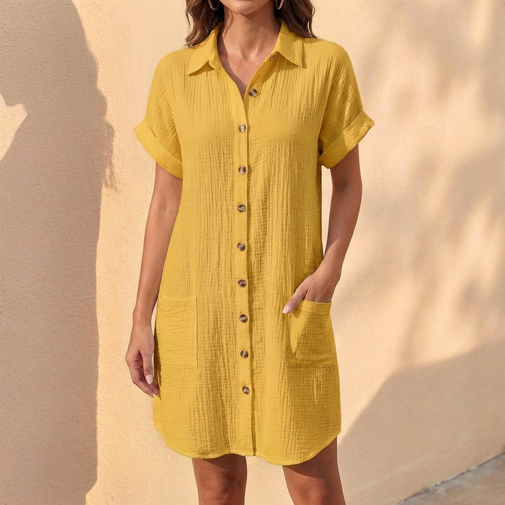 Isla Linen Relaxed Fit Shirt Dress | Collared Button Front Dress