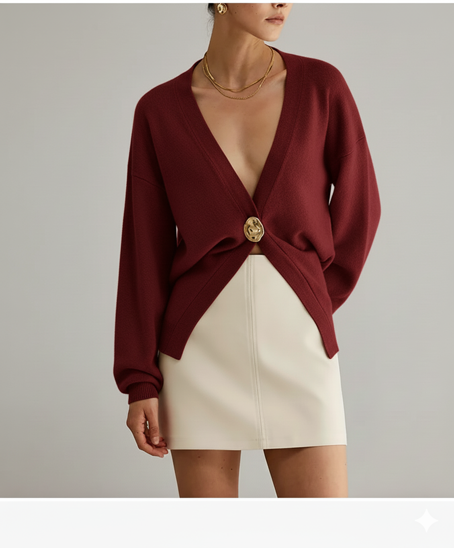 Women's Sweater - Deep V-Neck Cardigan - Gold Button - Elegant Fit