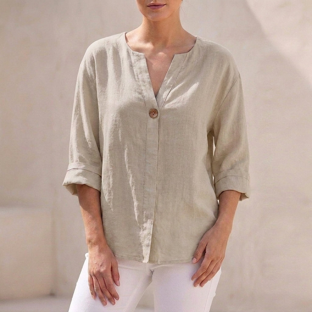 Isla Loose Fit Button-Up Top | V-Neck 3/4 Sleeve Button-Up Top