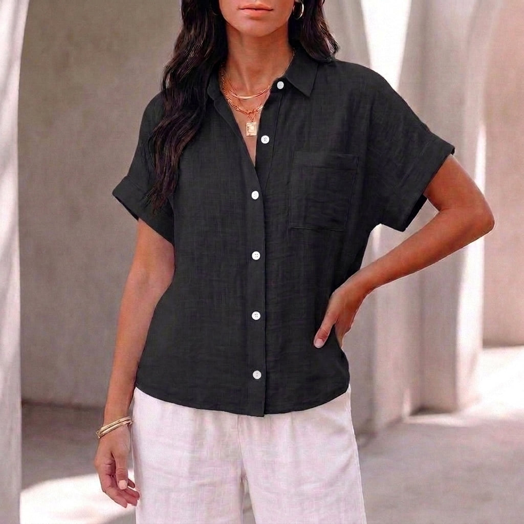 Amelia Relaxed Fit Button-Up Shirt | Collared Short Sleeve Shirt