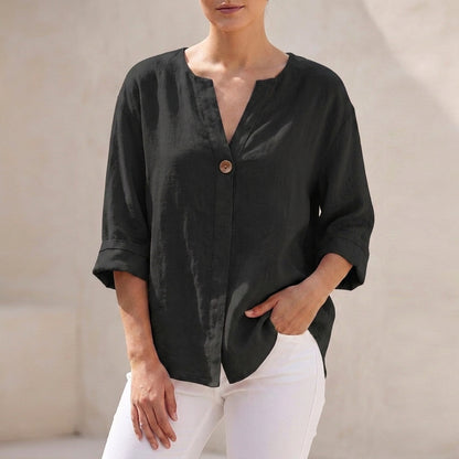 Isla Loose Fit Button-Up Top | V-Neck 3/4 Sleeve Button-Up Top