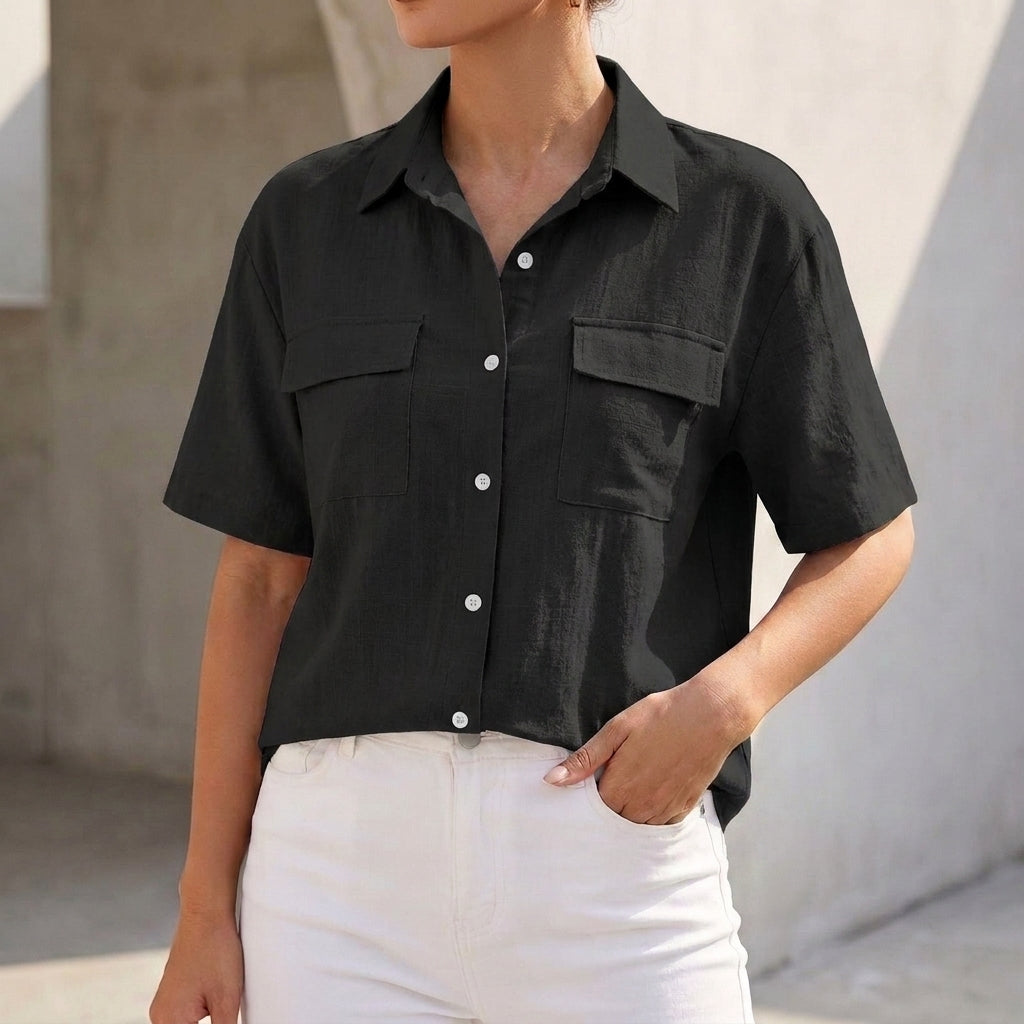 Isla Relaxed Fit Button-Up Shirt | Collared Short Sleeve Shirt
