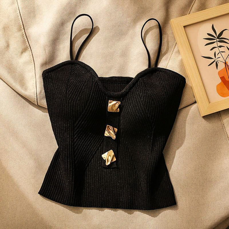 Isla Slim Fit Ribbed Cami Top | Button Front Spaghetti Straps Cami Top