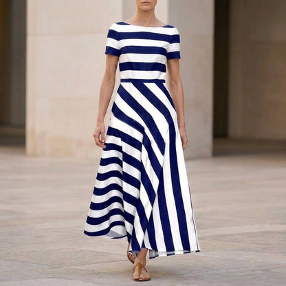 Isla Striped A-Line Maxi Dress | Boat Neck Short Sleeve Dress