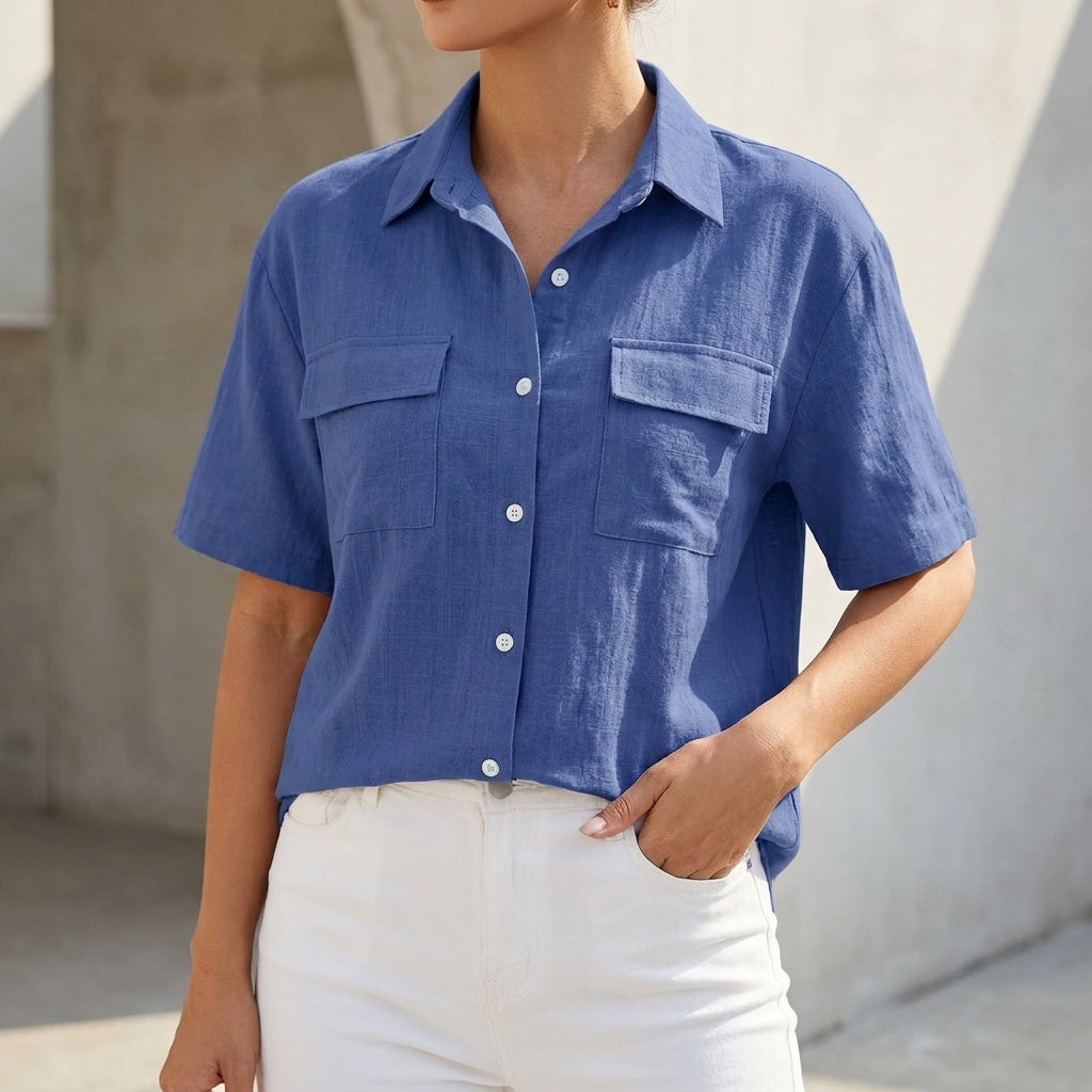 Isla Relaxed Fit Button-Up Shirt | Collared Short Sleeve Shirt