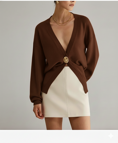 Women's Sweater - Deep V-Neck Cardigan - Gold Button - Elegant Fit