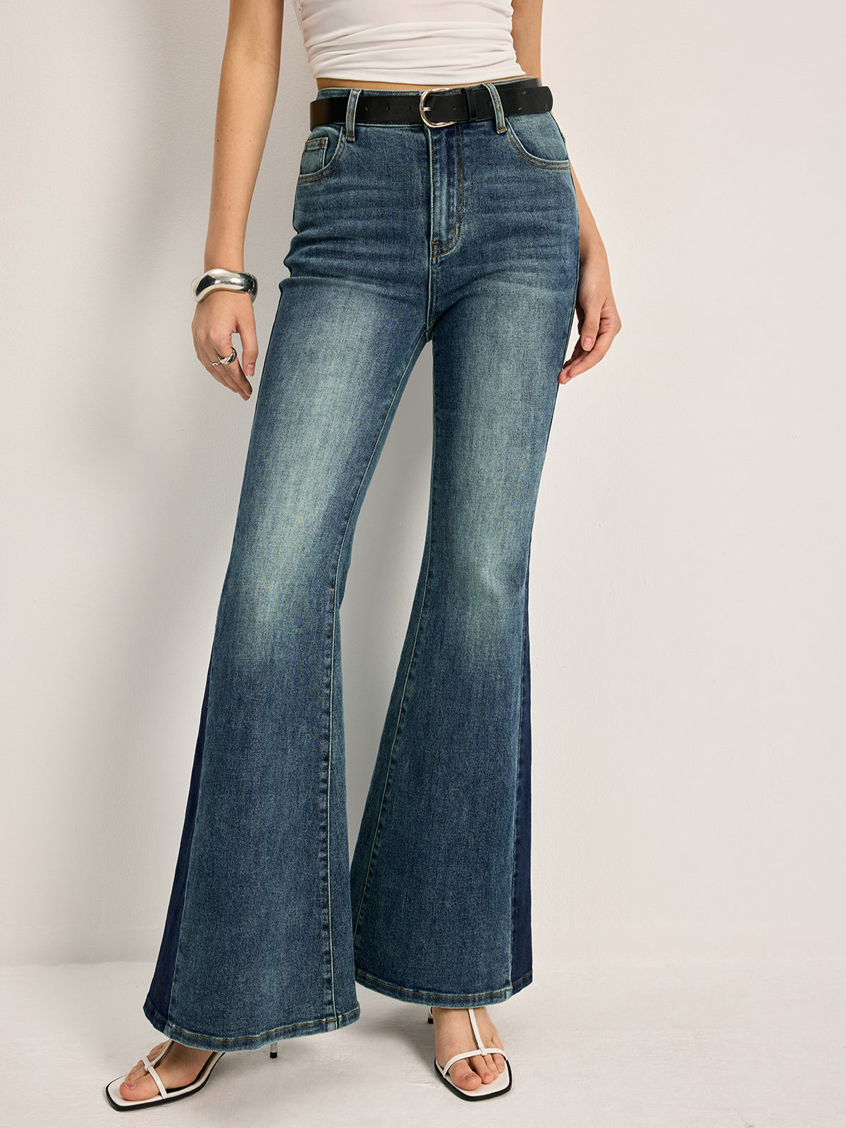 Florence Mid-Rise Flare Bell Jeans | Color Block Embroidered Jeans