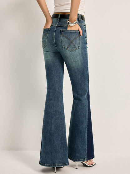 Florence Mid-Rise Flare Bell Jeans | Color Block Embroidered Jeans