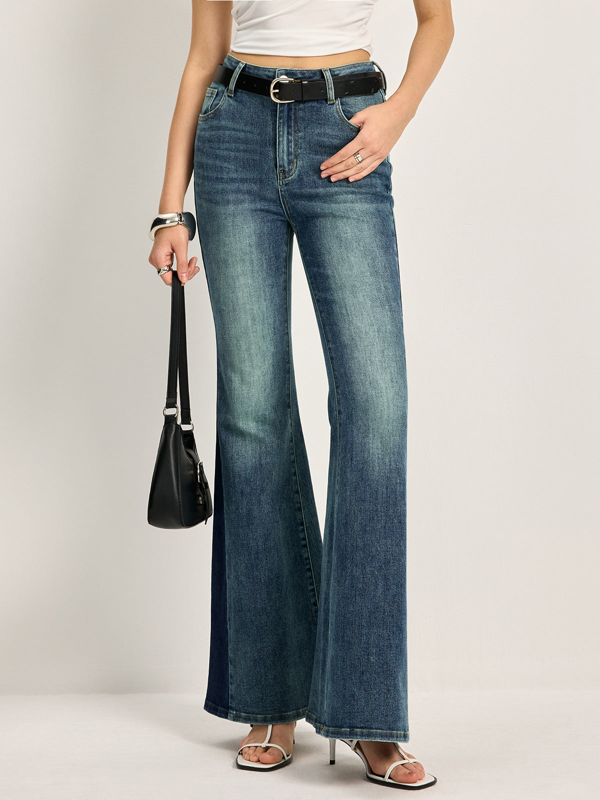 Florence Mid-Rise Flare Bell Jeans | Color Block Embroidered Jeans