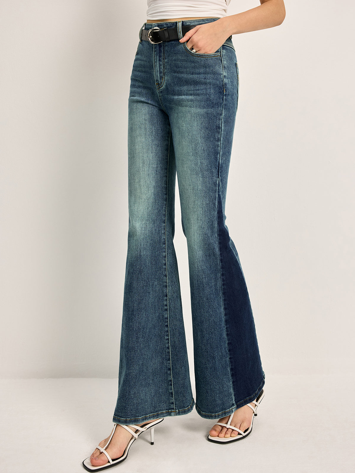 Florence Mid-Rise Flare Bell Jeans | Color Block Embroidered Jeans