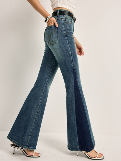 Florence Mid-Rise Flare Bell Jeans | Color Block Embroidered Jeans
