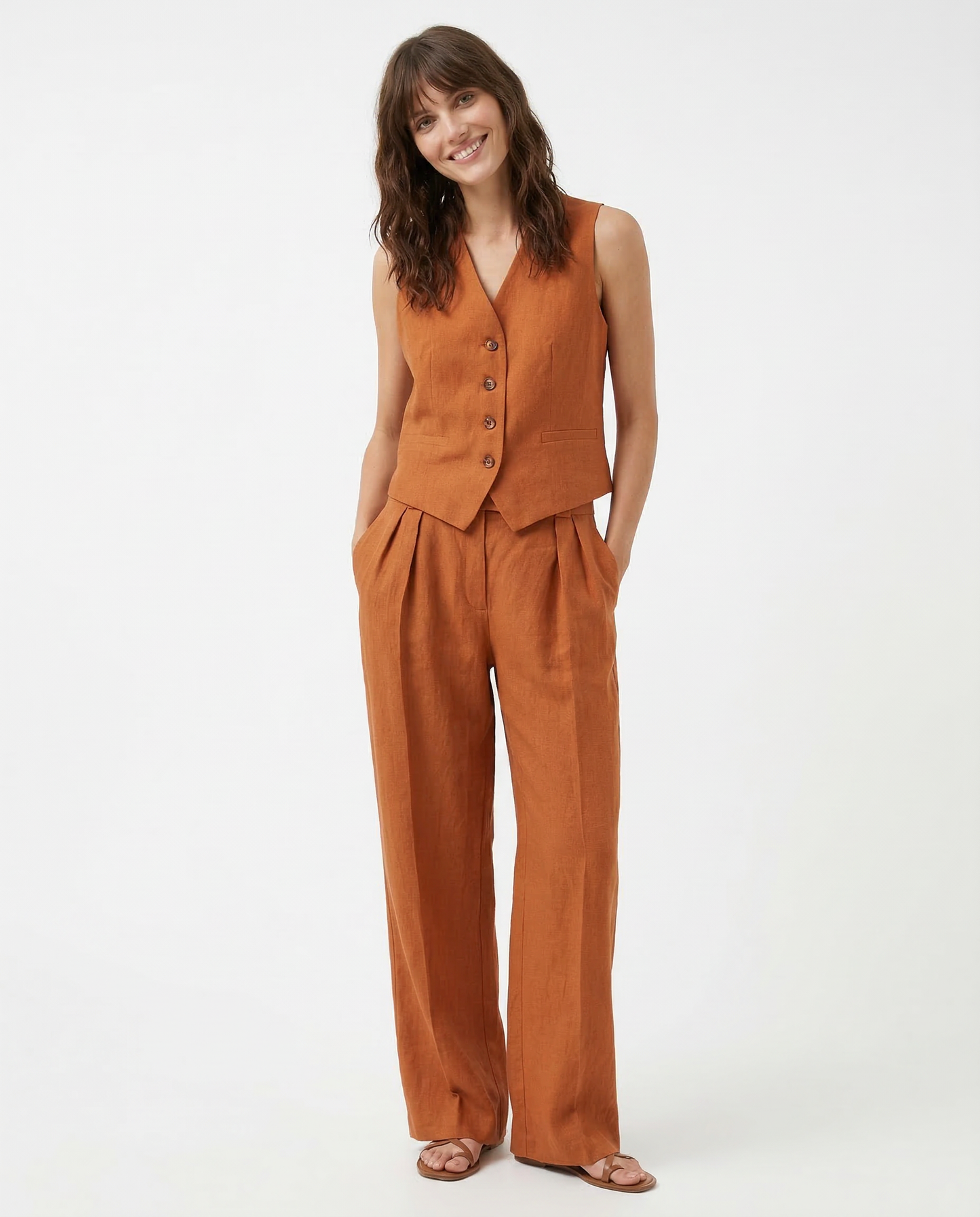 Flora Tailored Fit Vest & Relaxed Fit Wide Leg Trousers Two-Piece Set | Button Front Casual Set