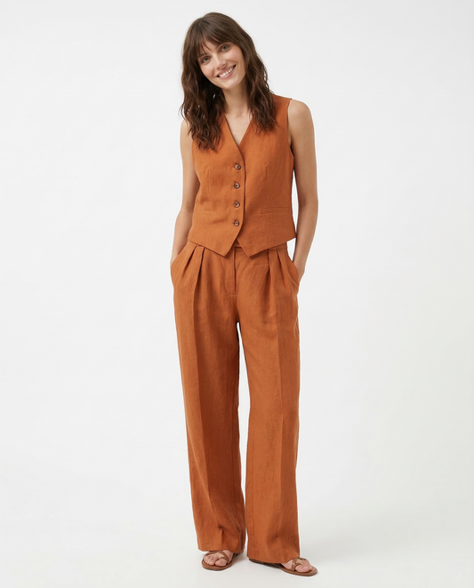 Flora Tailored Fit Vest & Relaxed Fit Wide Leg Trousers Two-Piece Set | Button Front Casual Set