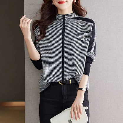Isla Mock Neck Hip-Length Pullover | Diagonal Stripe Contrast Panels Pullover