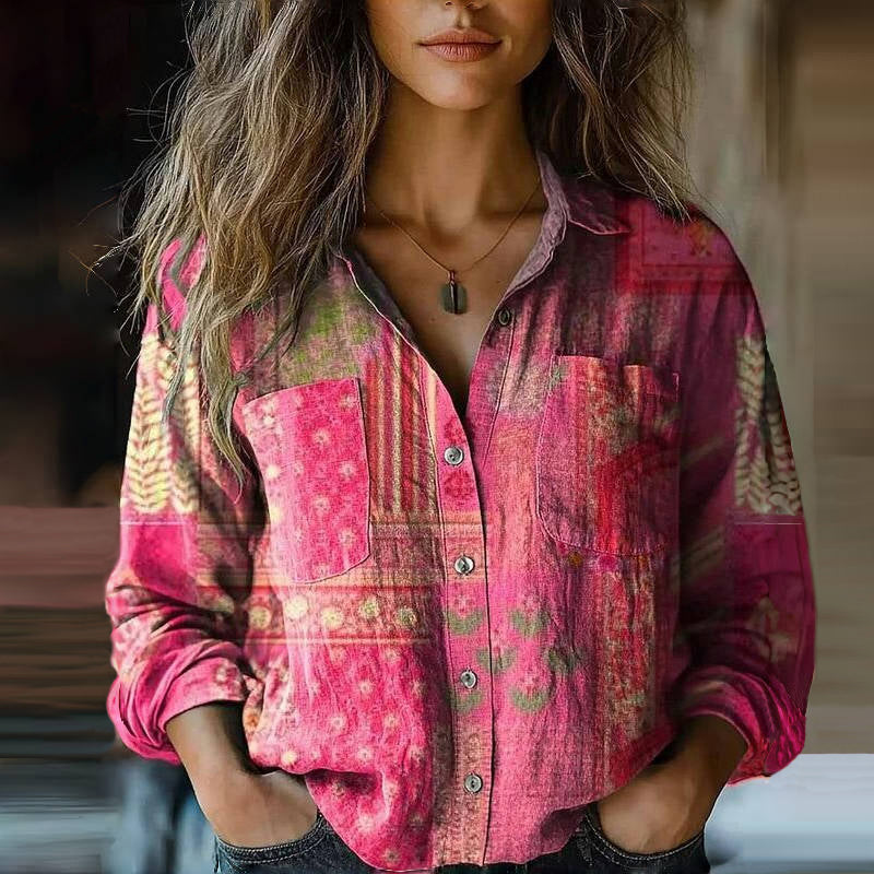 Amelia Relaxed Fit Button-Front Blouse | Bandana Print Collar Blouse